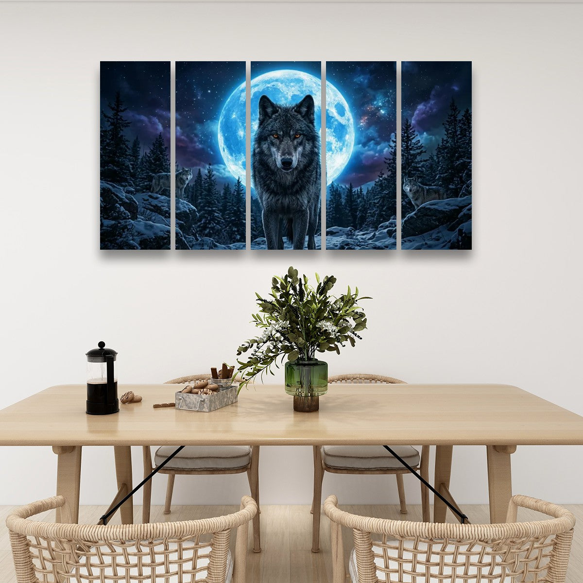 Howling Wolves with Blue Moon — 5-Panel Canvas Wall Art