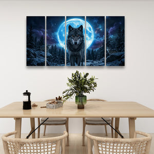 Howling Wolves with Blue Moon — 5-Panel Canvas Wall Art
