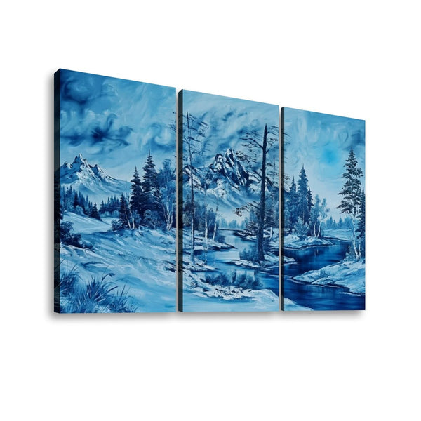 Three-panel canvas wall art depicting a snowy mountain landscape with evergreen trees and a blue river, shown against a plain white background.