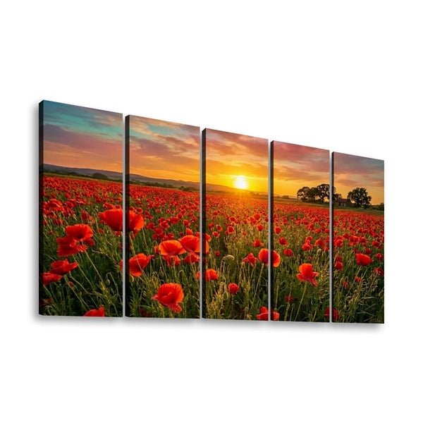 Golden Hour Poppy Field Canvas Wall Art – Fields of Fire | 5-Panel Level Nature Landscape Print