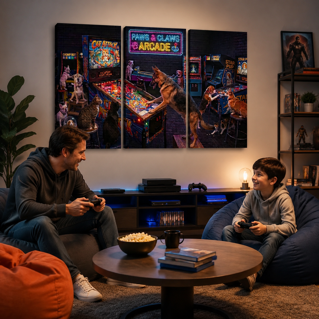 A man and a boy sit on bean bags in a dimly lit living room, playing with game controllers under a three-panel canvas wall art set depicting a neon arcade scene with a German Shepherd.
