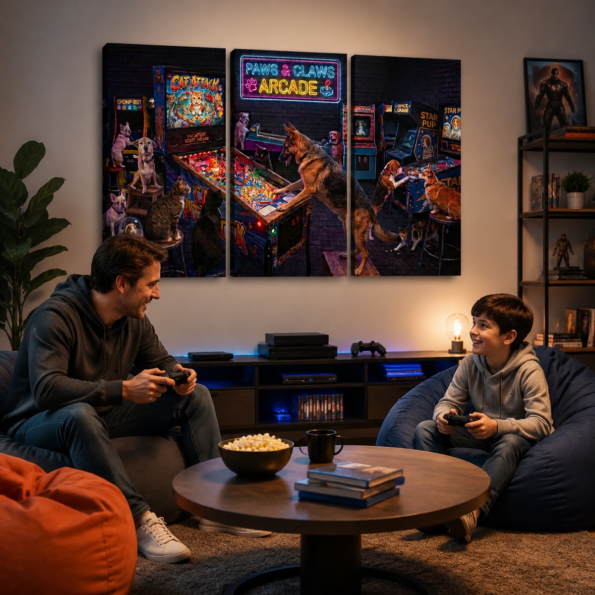 A man and a boy sit on bean bags in a dimly lit living room, playing with game controllers under a three-panel canvas wall art set depicting a neon arcade scene with a German Shepherd.