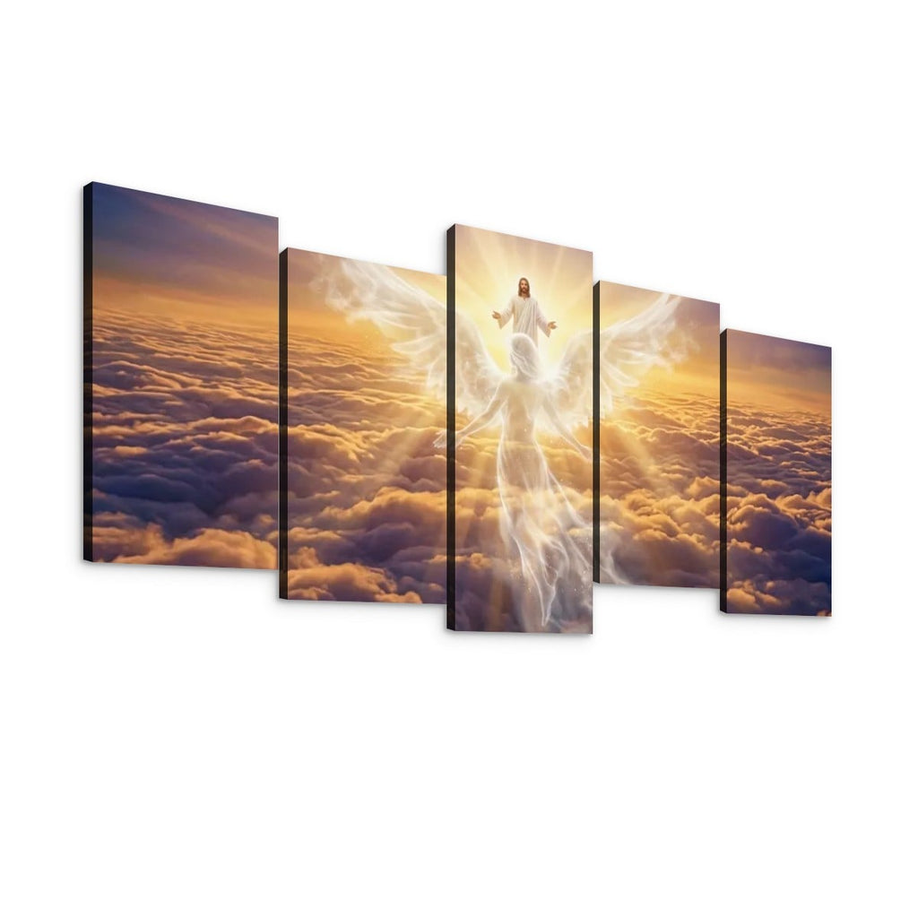 A five-panel canvas wall art set depicting a glowing angel figure above clouds at sunset, shown against a plain white background.