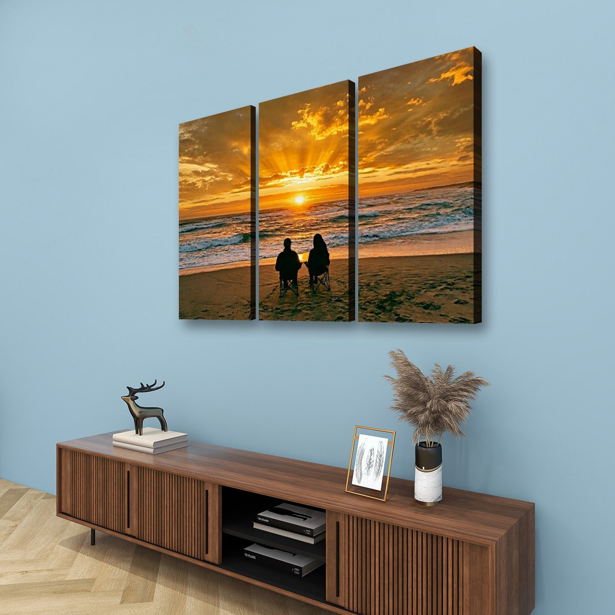 Sunset Surf Couple on the Beach Canvas Wall Art – Romantic Coastal Scene | 5-Panel Level Print