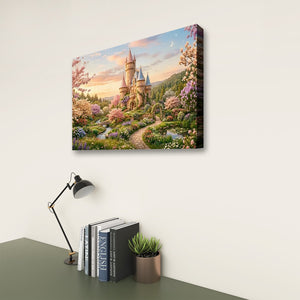 A rectangular wall art canvas showing a whimsical fantasy castle landscape with flowers, trees, a winding path, and a sunset sky, displayed on a light wall above a desk with a lamp, books, and a small plant.