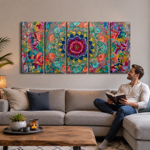 A man sits on a light gray sectional sofa reading a book in a modern living room, with a large colorful four-panel canvas wall art piece featuring a vibrant mandala design hanging above the couch.