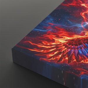 A close-up of a rectangular canvas or print showing a dramatic fiery phoenix design in red, orange, and blue against a dark starry background, photographed on a dark gray surface.