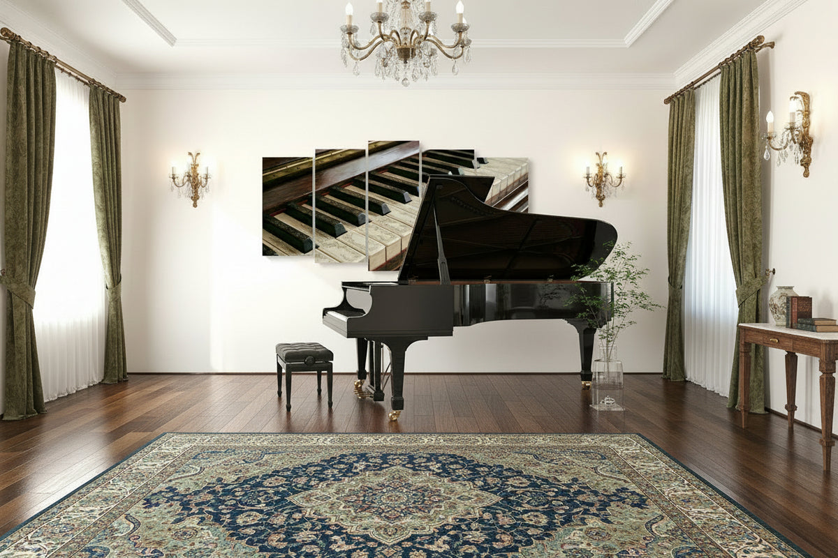 A 5-panel canvas wall art set depicting a close-up of piano keys and wood interior.