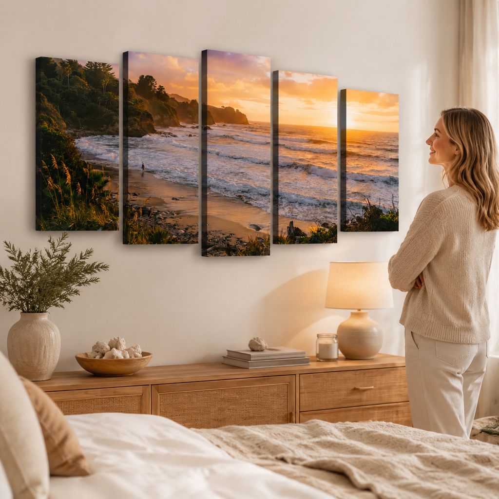 A woman stands beside a bed in a softly lit bedroom, looking at a five-panel canvas wall art set depicting a coastal beach at sunset. The room includes a wooden nightstand, lamp, books, and a vase with greenery.