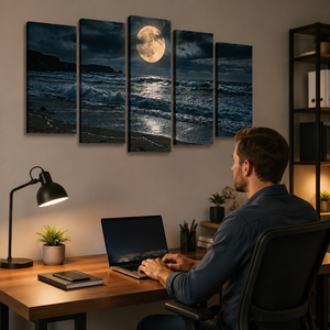 Gulf Moon Reflection Canvas Wall Art – Moonlit Beach Night Scene | 1, 3 & 5 Panel Coastal Print