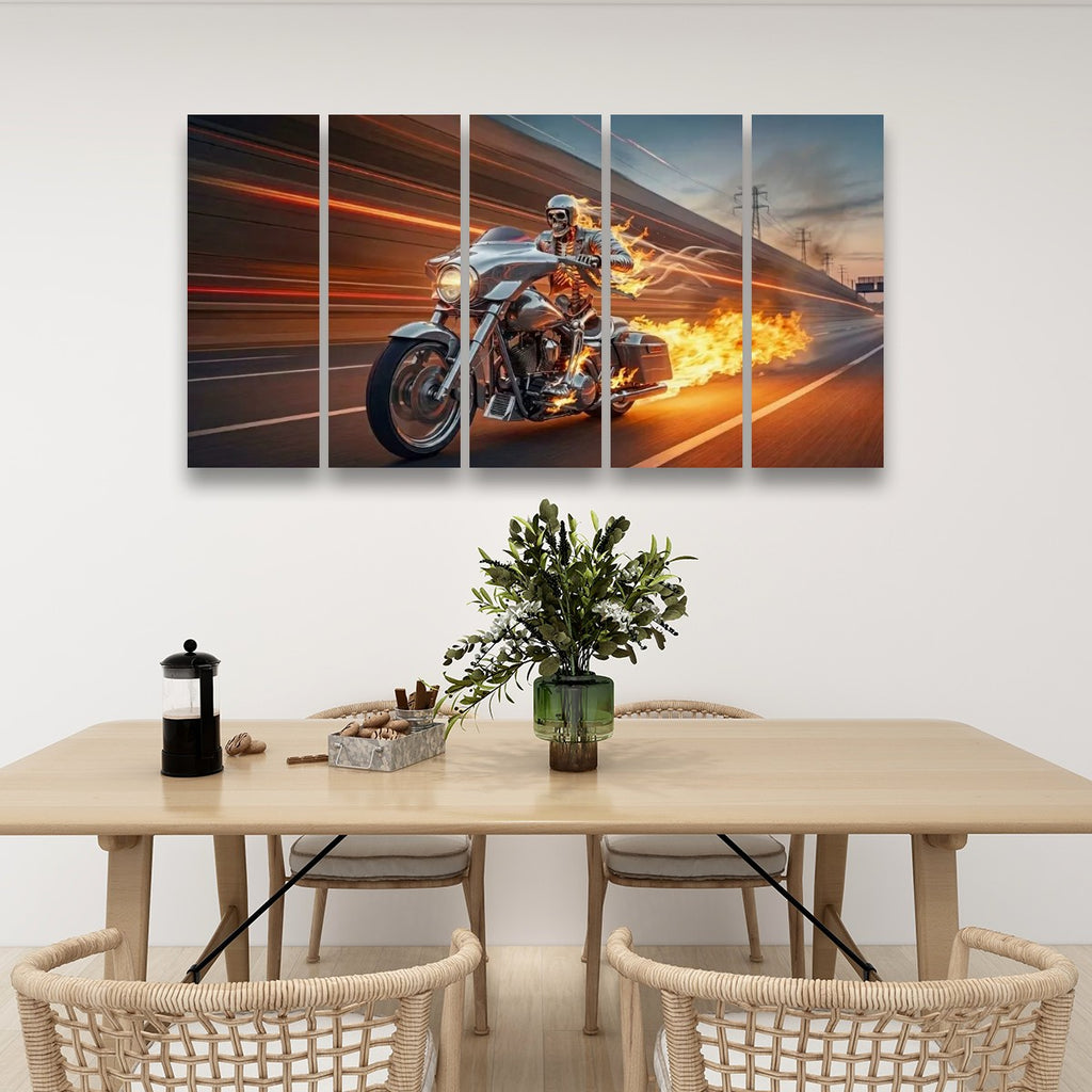 Chrome Dome Skeleton Fire Bagger Motorcycle Split Canvas Panel Wall Art | 1, 3, 5 Panel