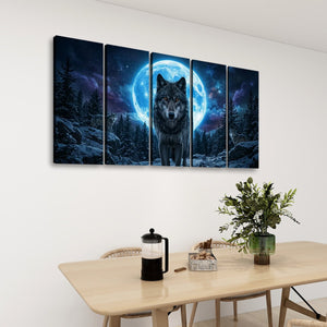 Howling Wolves with Blue Moon — 5-Panel Canvas Wall Art