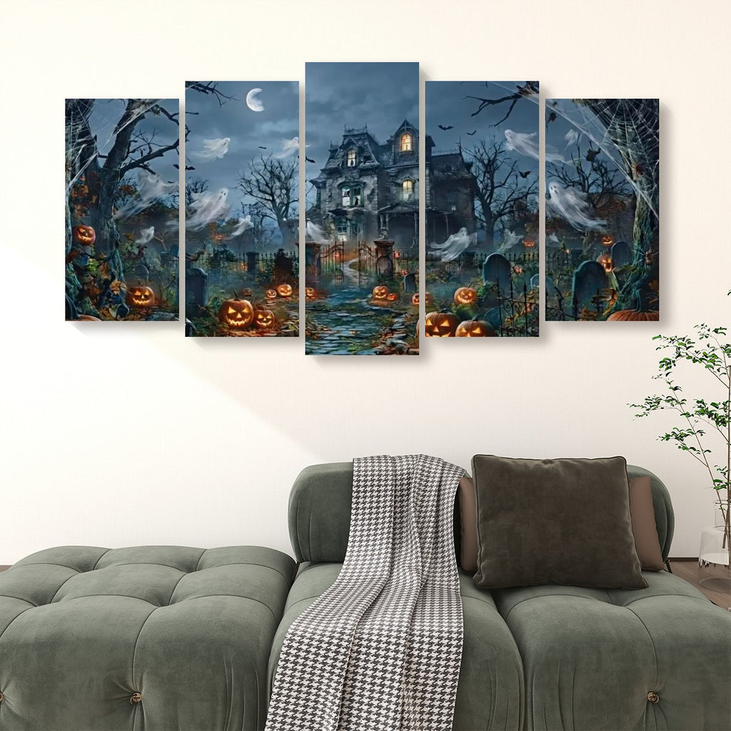 Halloween Haunted House Pumpkins & Moon — 5-Panel Level Canvas Wall Art