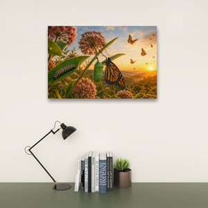A framed wall art print depicting a monarch butterfly, milkweed flowers, and a green caterpillar at sunset, displayed above a desk with a black lamp, books, and a small succulent against a light wall.
