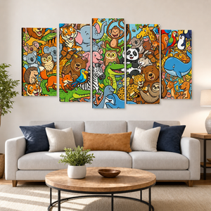 Wild & Whimsical Cartoon Animal Collage Kids Canvas Wall Art | 1, 3 & 5 Panel Playroom & Bedroom Print