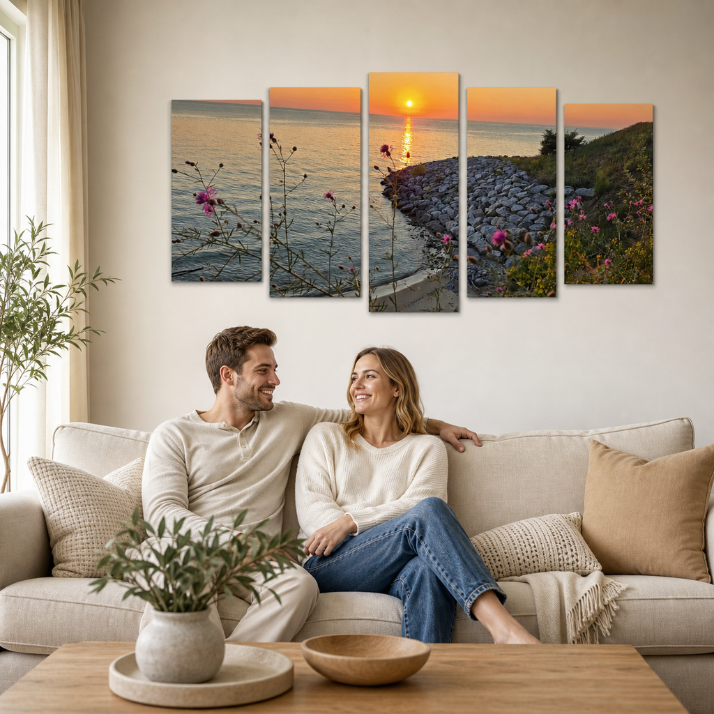 Lake Michigan Sunset Canvas Wall Art | 1, 3 & 5 Panel Coastal Landscape Print