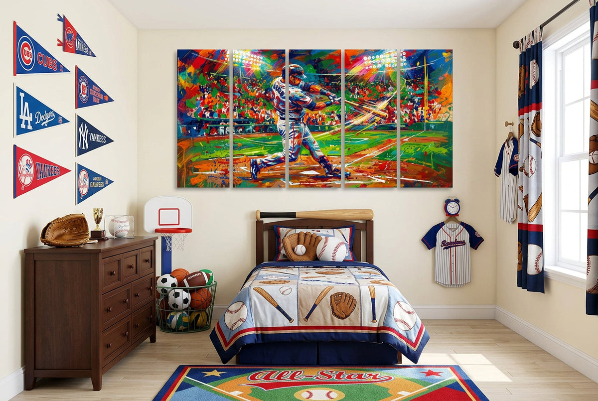 A kid's bedroom styled with baseball themes, featuring a large multi-panel canvas wall art print of a baseball player in a stadium. The room includes a matching baseball-themed bedding set, a wooden dresser, sports flags, and a baseball jersey hanging on the wall.