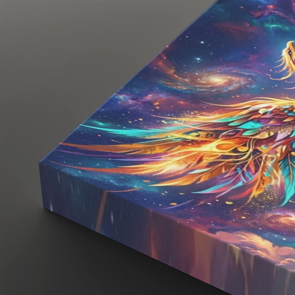 A rectangular canvas print showing a colorful cosmic fantasy scene with a glowing multicolored winged figure against a starry blue and purple galaxy background, photographed on a dark gray surface.