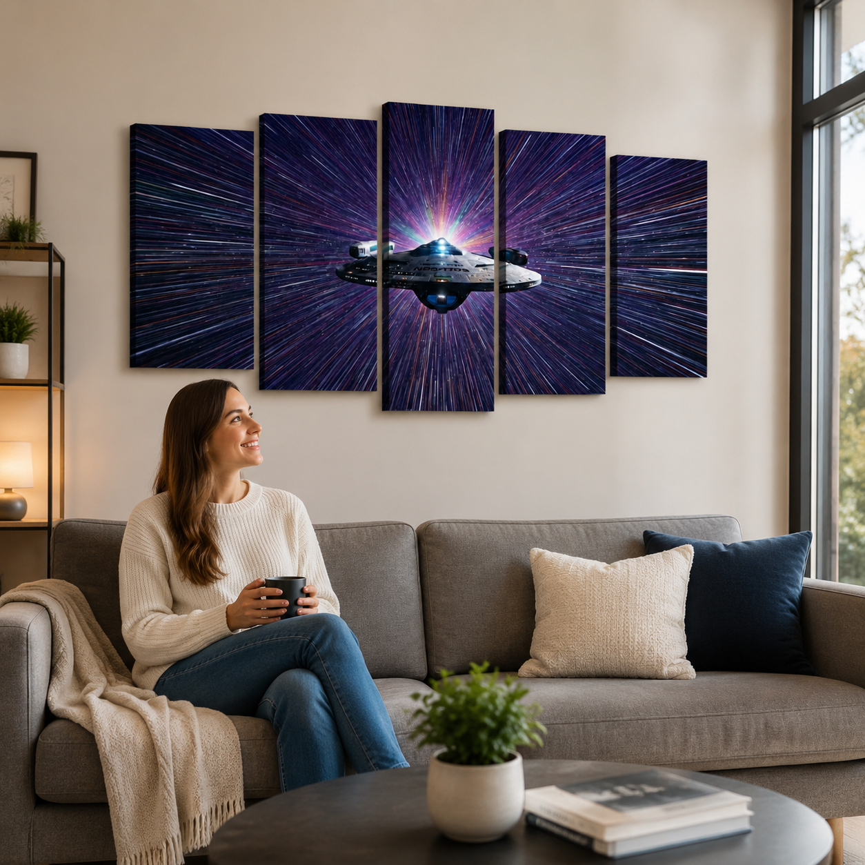 A woman sits on a gray sofa in a living room, holding a mug and looking at a five-panel canvas wall art set depicting a futuristic spaceship against a starburst space background.