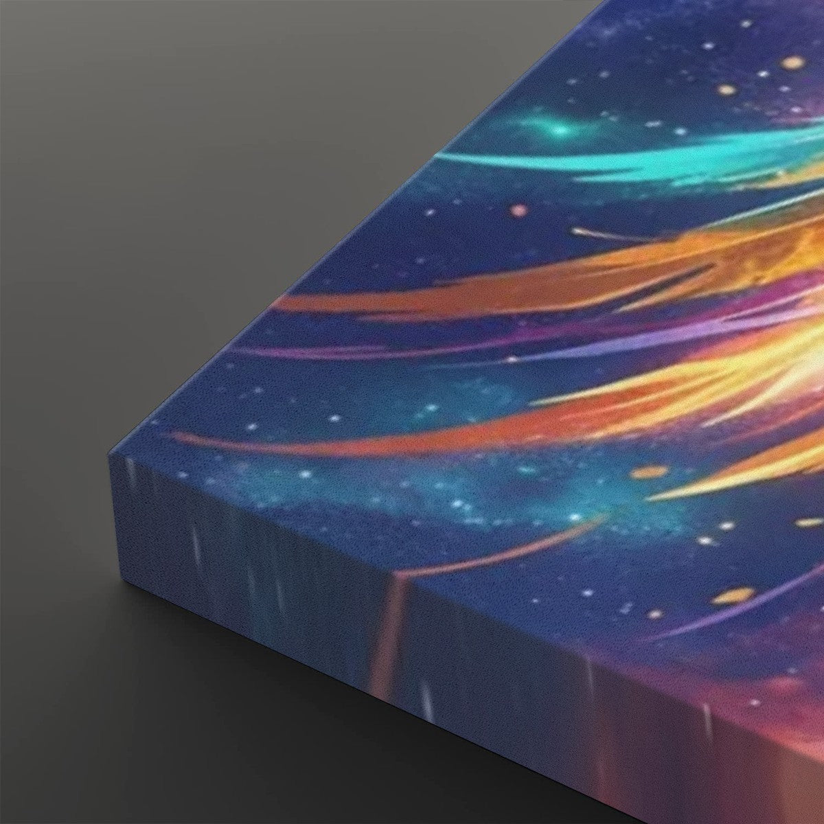 A close-up of a rectangular canvas print showing its wrapped edge, featuring a vibrant cosmic design with swirling nebulae in blue, purple, orange, and teal on a dark gray background.