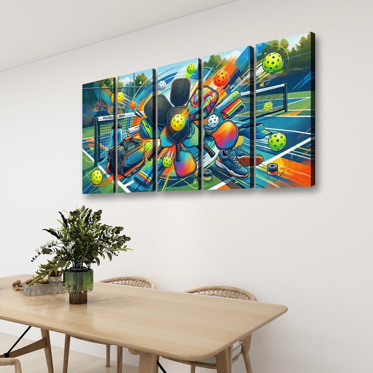 A four-panel canvas wall art set depicting a colorful abstract tennis scene, displayed on a white wall above a wooden dining table with chairs and a potted plant.