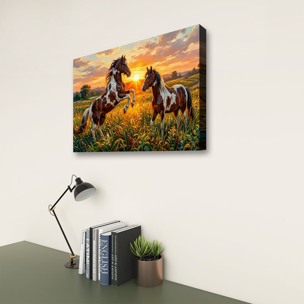 A rectangular canvas wall art print showing two horses in a grassy field at sunset, displayed on a light wall above a desk with books, a lamp, and a small plant.