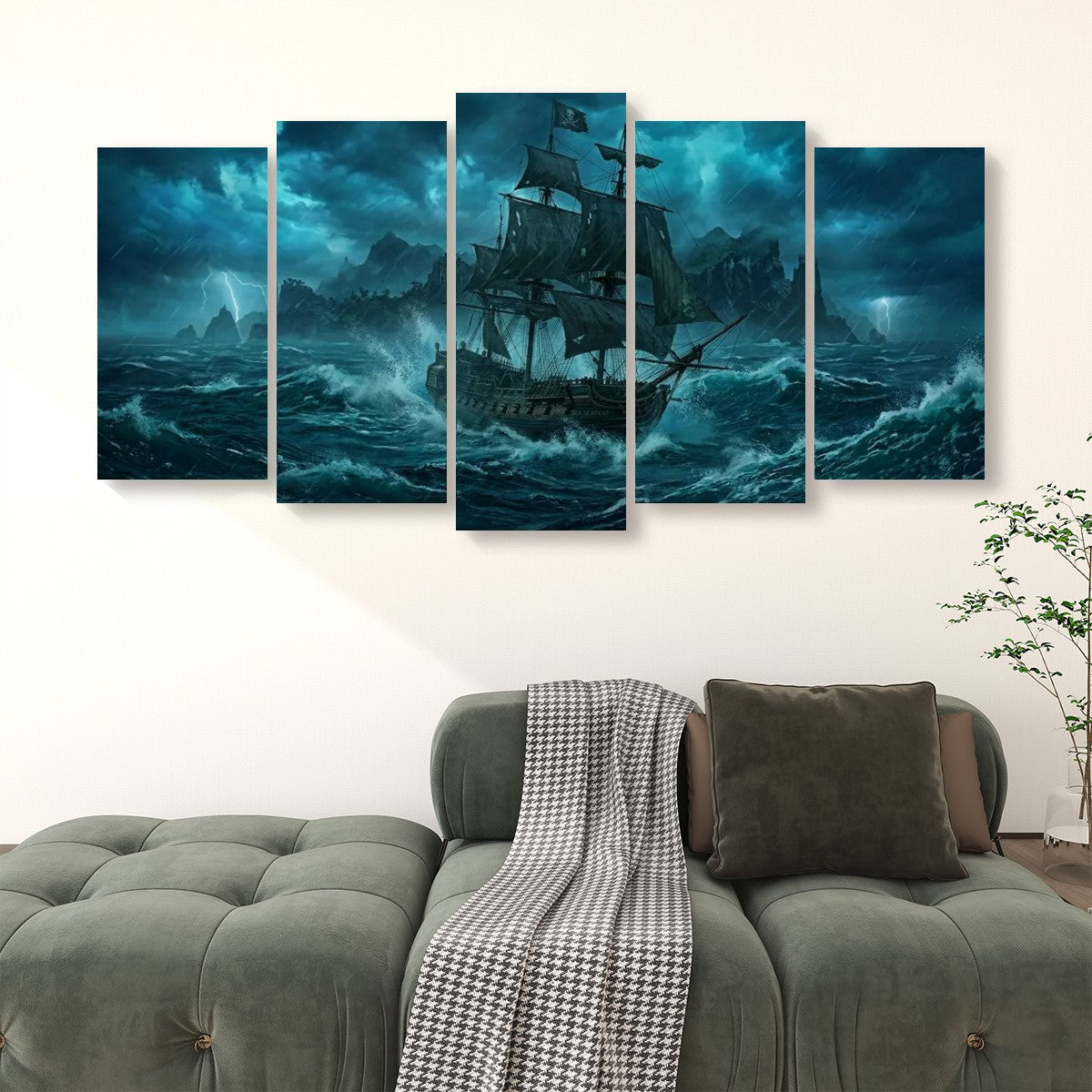 A 4-panel canvas wall art set depicting a dramatic stormy seascape with a large sailing ship on dark blue waves, displayed above a green sofa in a living room setting.