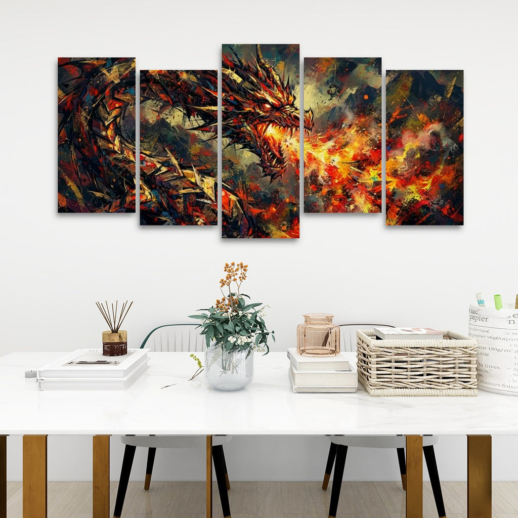 A five-panel canvas wall art set depicting a dramatic fiery dragon in red, orange, and black tones, displayed above a white dining table in a modern room setting.