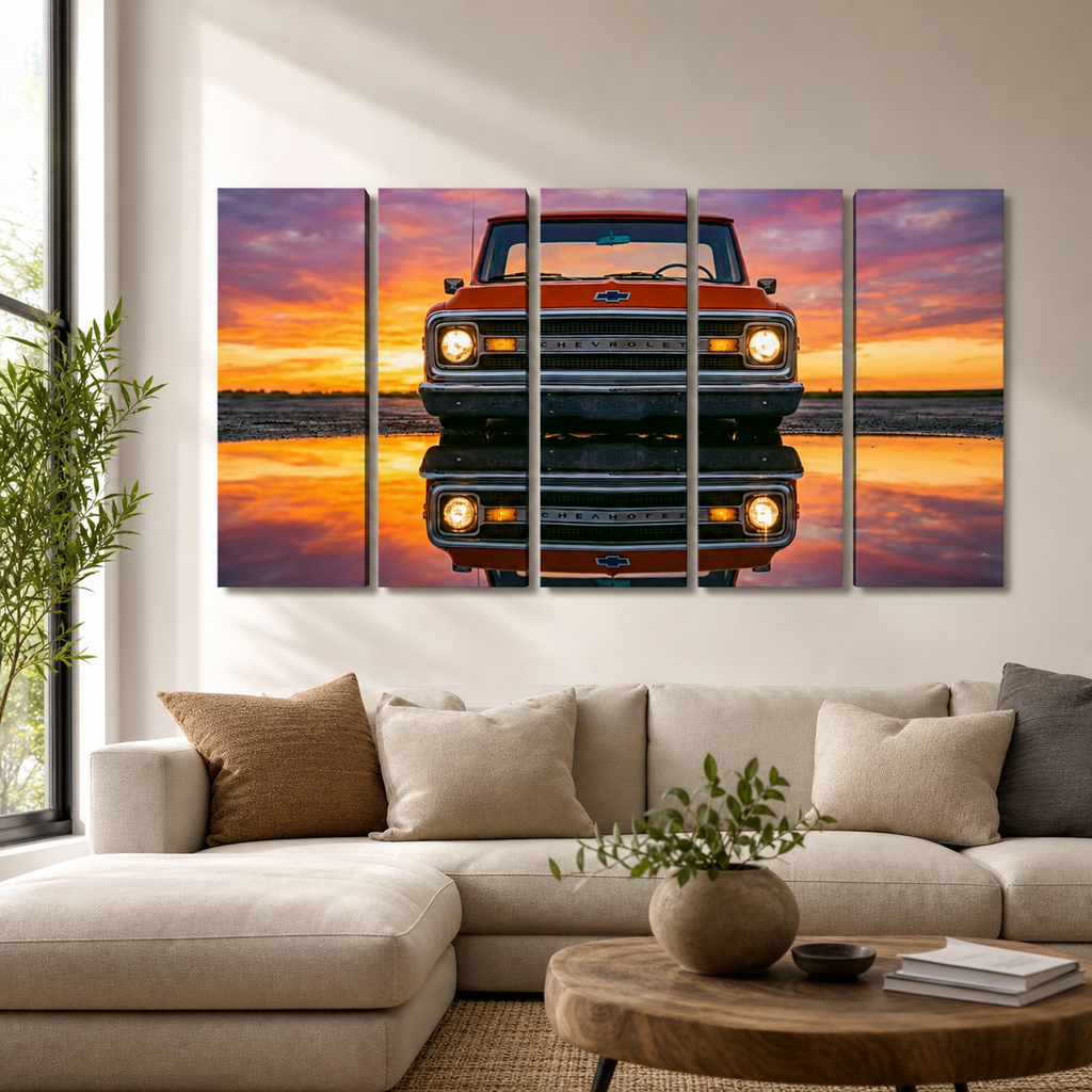 1970 Chevy C-10 Slammed Pickup Canvas Wall Art – Reflection | Single Panel & 5-Panel Level Classic Truck Print