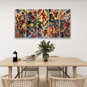 A six-panel canvas wall art set depicting a colorful, dynamic group of superheroes, displayed on a white wall above a light wood dining table with chairs and decorative items.