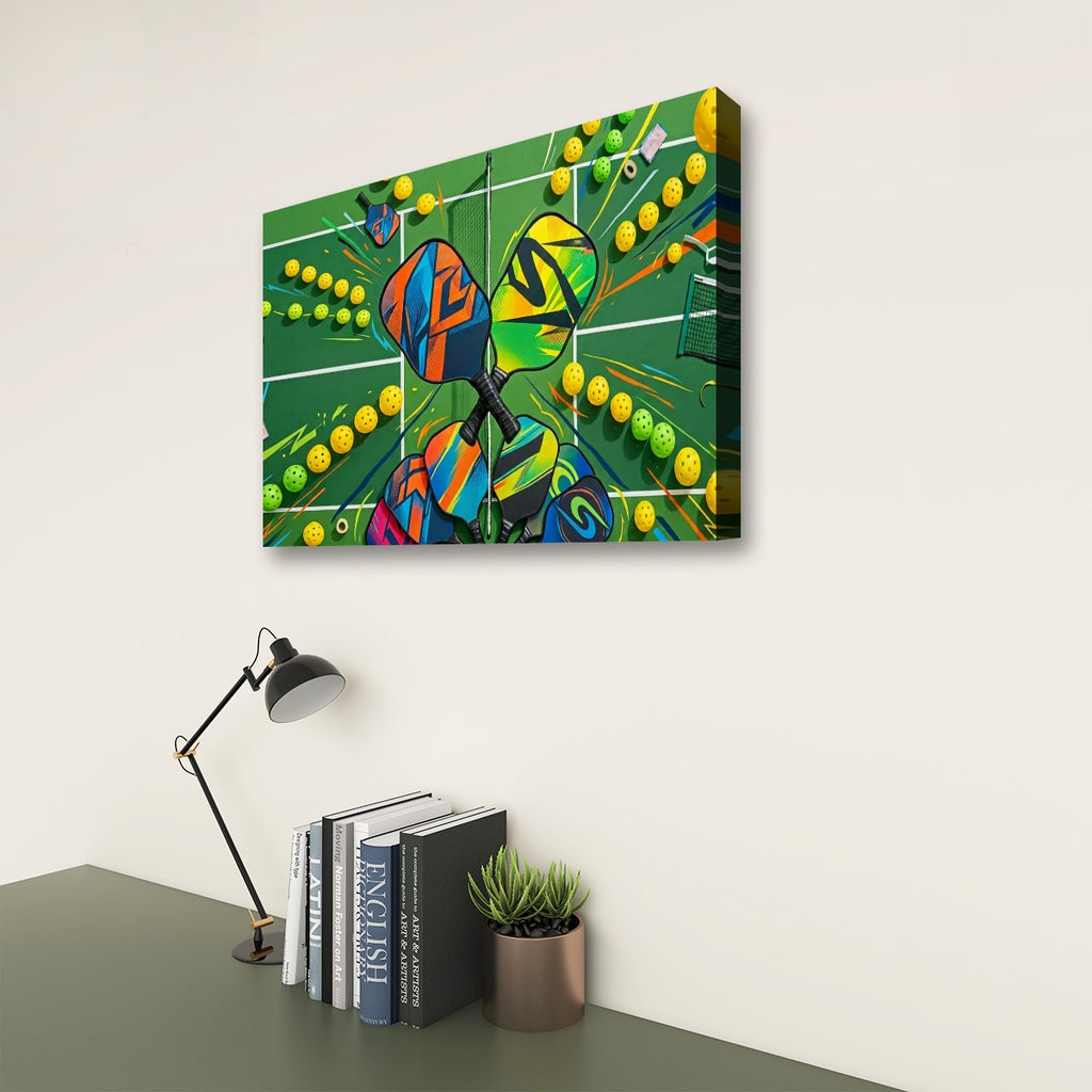 A colorful abstract wall art print depicting stylized darts on a green background, shown hanging on a light wall above a desk with books, a lamp, and a small plant.