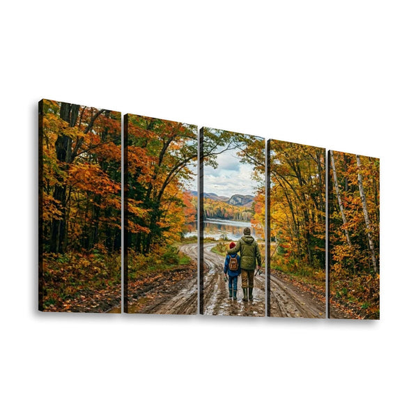 A five-panel canvas wall art set depicting a couple hiking on a dirt road through an autumn forest with colorful fall foliage and mountains in the distance, shown against a plain white background.