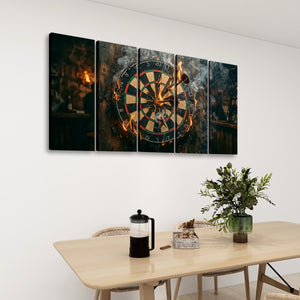 A four-panel canvas wall art set depicting a burning dartboard in a dark, smoky setting, displayed on a white wall above a dining table with chairs, a French press, and a potted plant.