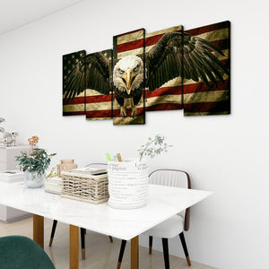 A multi-panel canvas wall art set depicting a bald eagle in front of an American flag, displayed on a white wall above a dining table in a modern room setting.