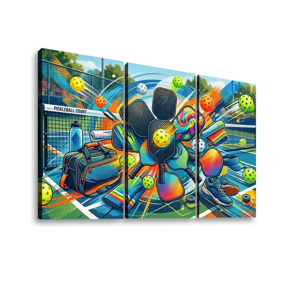 A three-panel canvas wall art print depicting a colorful, stylized pickleball court scene with paddles, balls, a bag, and athletic gear in bright neon tones.