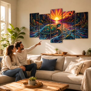 A couple sits on a beige sofa in a sunlit living room, pointing at a five-panel canvas wall art set depicting a colorful sea turtle at sunset over water.
