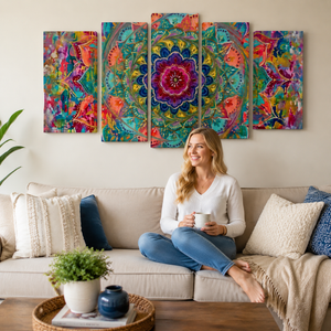 A woman sits on a beige sofa in a living room, holding a white mug and smiling. Above her is a five-panel canvas wall art set featuring a colorful, vibrant mandala design with floral and geometric patterns in shades of blue, pink, orange, yellow, and green.