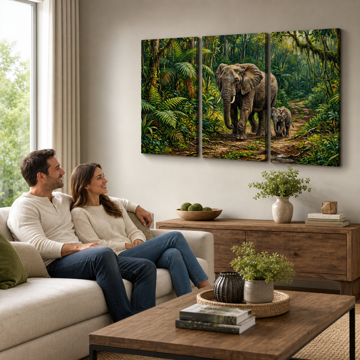 A three-panel canvas wall art set depicting a safari elephant and baby elephant in a lush green jungle, displayed on a beige wall in a modern living room setting above a wooden console table with a couple sitting on a light beige sofa.