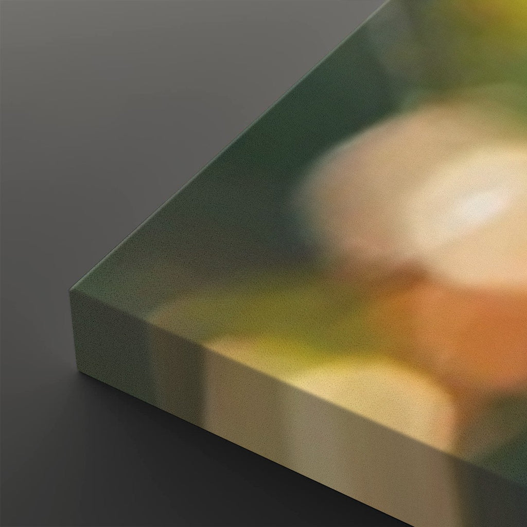 A close-up of a rectangular acrylic or glass panel with a blurred abstract print inside, showing green, yellow, and orange tones, set against a dark gray background.