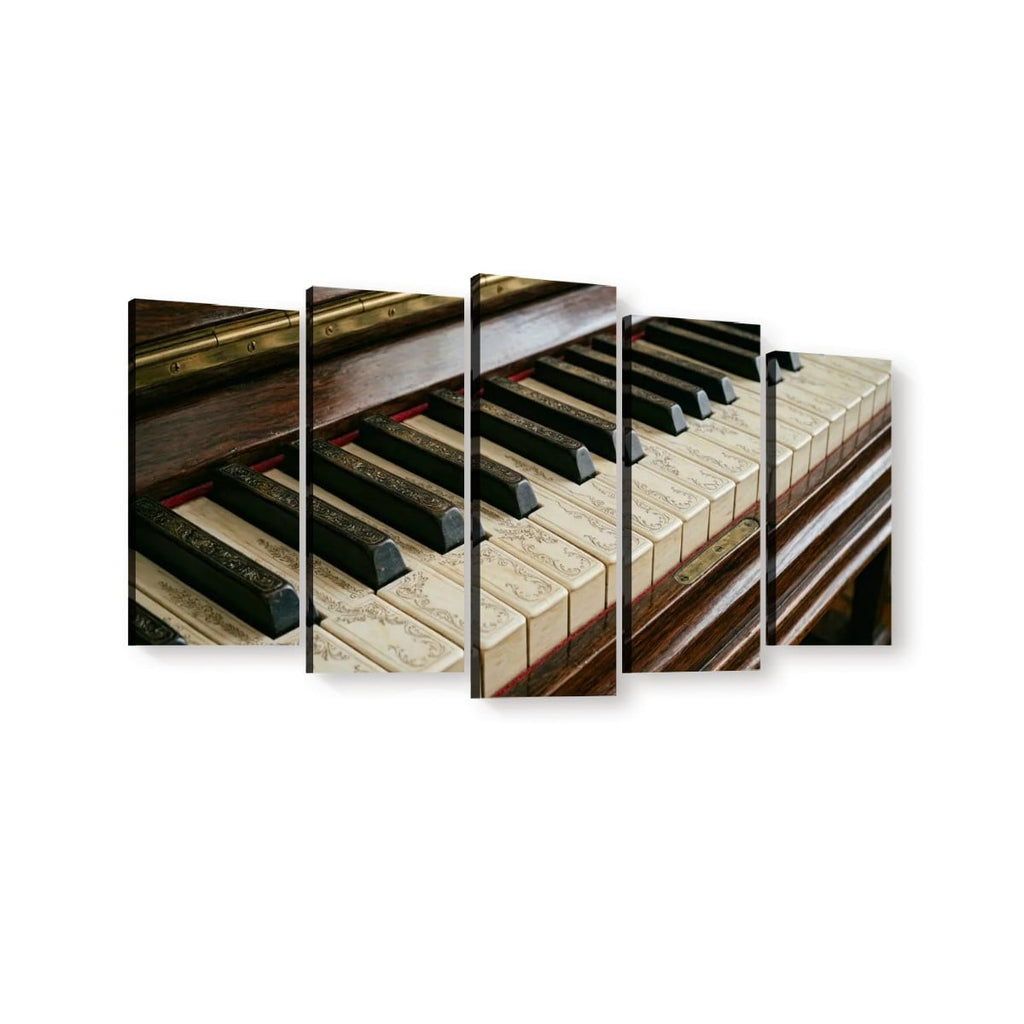 A five-panel canvas wall art print depicting a close-up of piano keys and wooden piano body, shown against a plain white background.