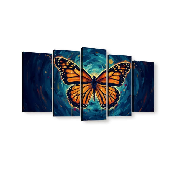 Five-panel canvas wall art featuring a large orange and black butterfly centered over a swirling blue and teal abstract background, shown against a plain white wall.