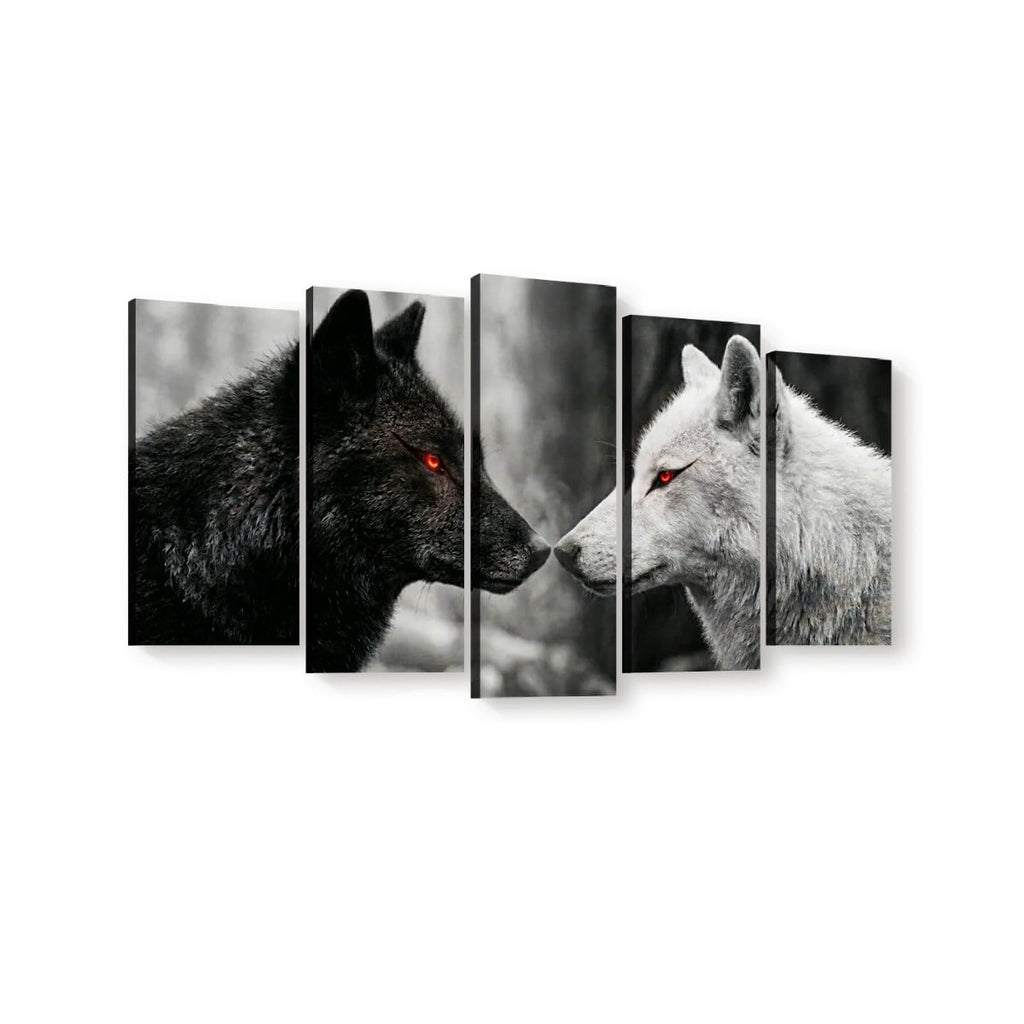 Five-panel canvas wall art showing a black wolf and a white wolf facing each other, with red eyes, on a white background.