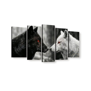 Five-panel canvas wall art showing a black wolf and a white wolf facing each other, with red eyes, on a white background.