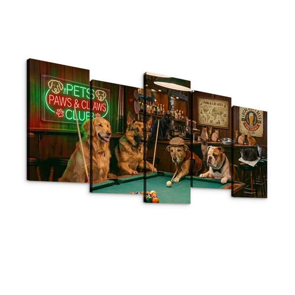 A 5-panel canvas wall art set depicting dogs playing pool in a bar. The panels are arranged in a staggered, multi-view presentation against a plain white background.