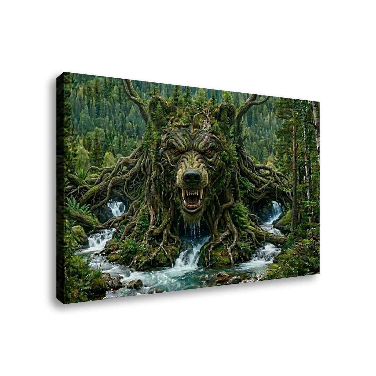 A rectangular wall art canvas showing a forest scene with a large snarling wolf whose body is made of tree roots and branches, surrounded by waterfalls and green trees. The canvas is photographed at an angle against a plain white background.