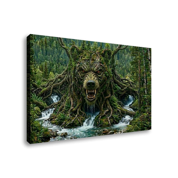A rectangular wall art canvas showing a forest scene with a large snarling wolf whose body is made of tree roots and branches, surrounded by waterfalls and green trees. The canvas is photographed at an angle against a plain white background.
