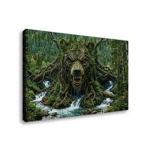 A rectangular wall art canvas showing a forest scene with a large snarling wolf whose body is made of tree roots and branches, surrounded by waterfalls and green trees. The canvas is photographed at an angle against a plain white background.