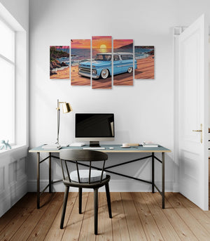 Modern office with a desk, chair, and wall art of a blue car on a beach.