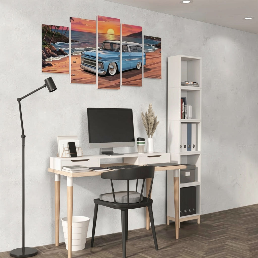 Modern home office with a desk, chair, and wall art of a blue 1966 Chevy Suburban truck.