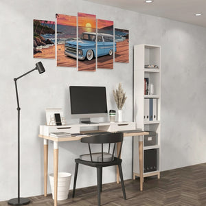 Modern home office with a desk, chair, and wall art of a blue 1966 Chevy Suburban truck.